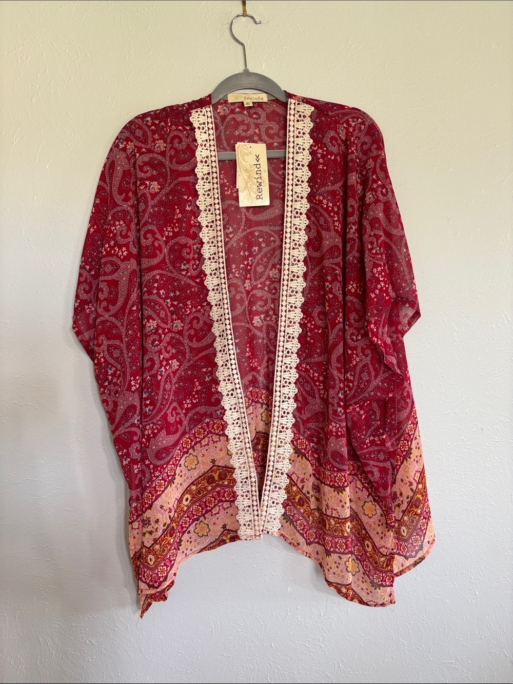 Rewind Red Paisley Kimono with Cream Lace